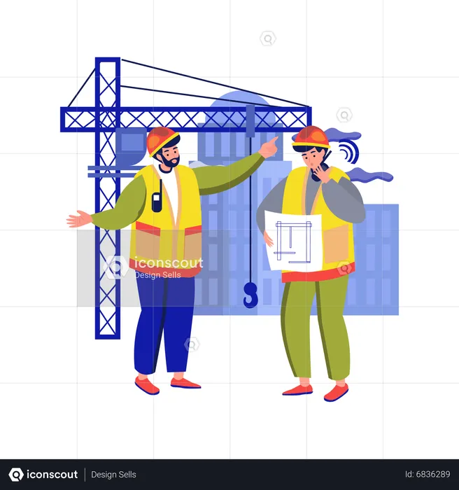 Empreiteiro discutindo sobre o plano com o trabalhador  Ilustração