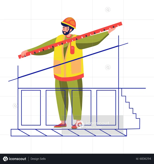 Empreiteiro medindo a planta da casa com uma fita métrica  Ilustração