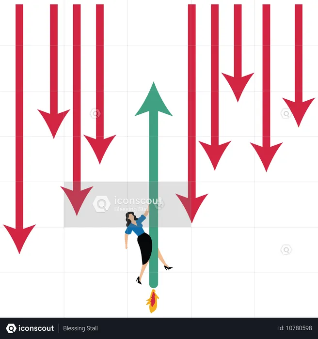 Mulher de negócios agarrada à seta para cima entre as setas para baixo ao redor  Ilustração