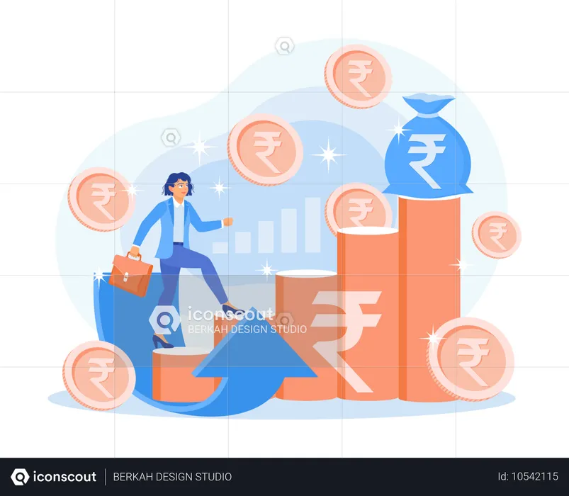 Mulher de negócios caminhando em gráfico financeiro crescente  Ilustração