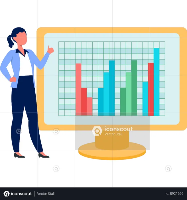 Empresaria apuntando al gráfico de barras en el monitor  Ilustración