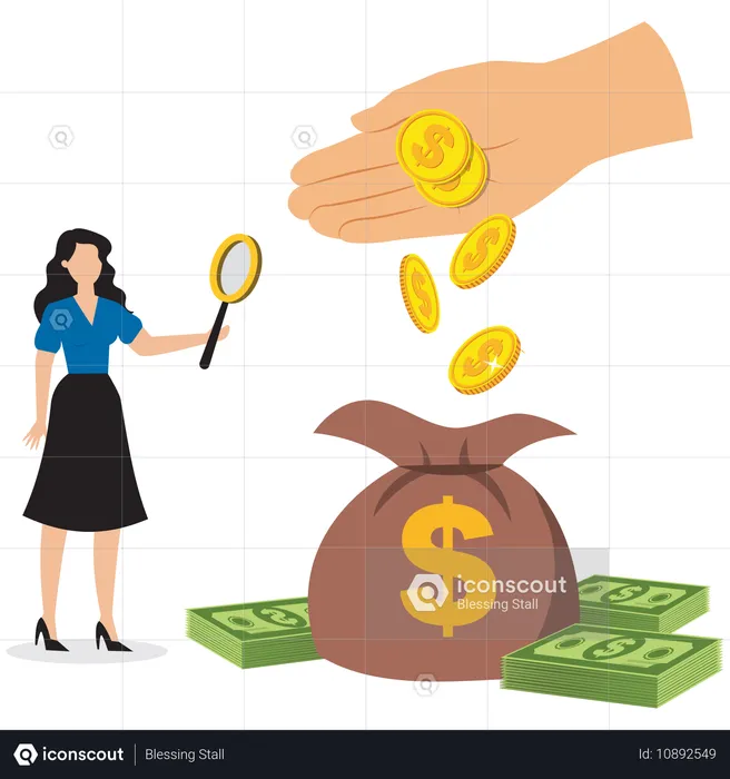 Mujer de negocios calculando y analizando la deuda invertida  Ilustración