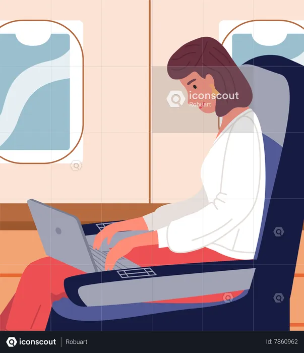 Mulher de negócios com laptop na classe executiva do avião  Ilustração