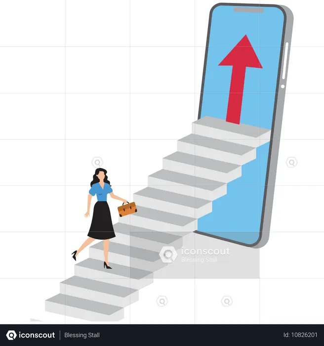 Gráfico de una mujer de negocios corriendo hacia las escaleras  Ilustración