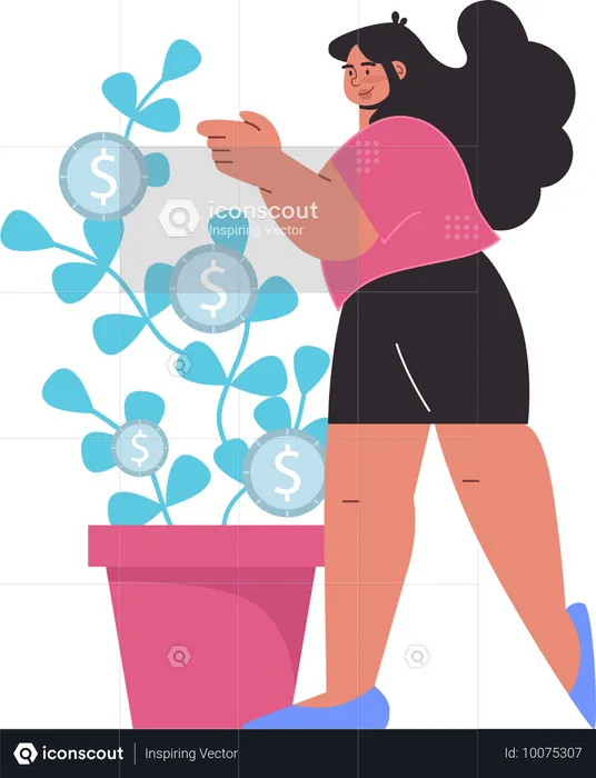 Mujer de negocios cultiva planta de dinero  Ilustración