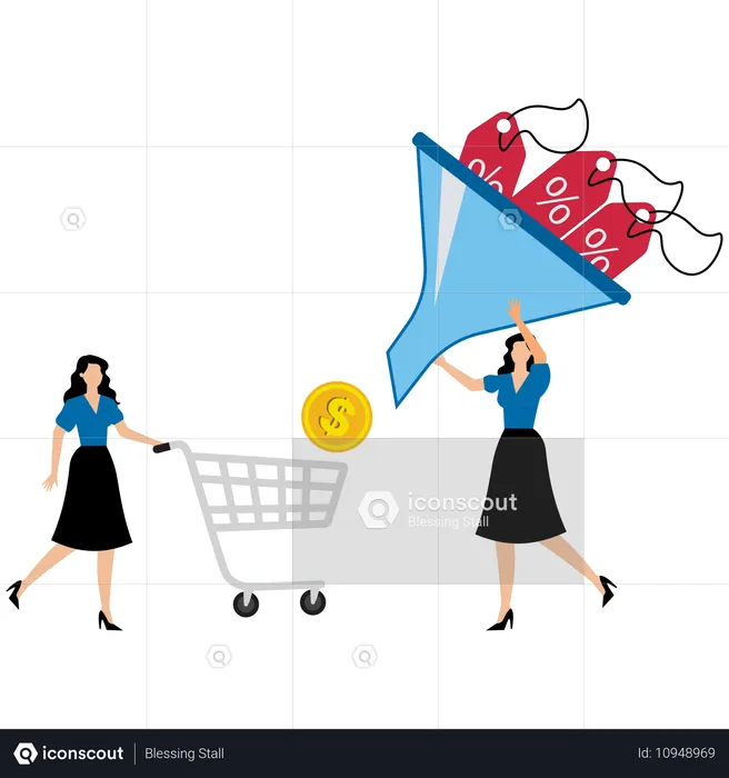 Mujer de negocios dando descuento en compras  Ilustración