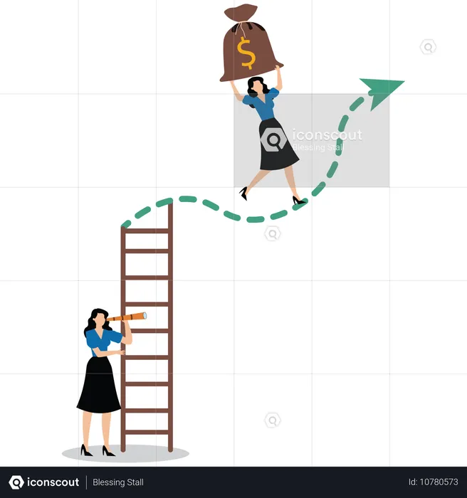 Mulher de negócios descendo a escada contra o gráfico de tendência de baixa enquanto outro investidor carrega uma bolsa de dinheiro no gráfico de tendência de alta  Illustration