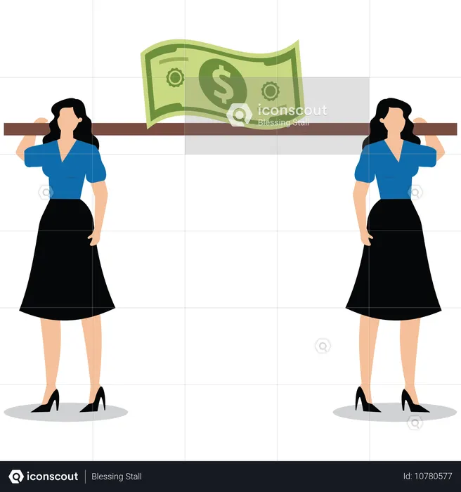 Empresária e colega de equipe segurando a mesma nota e caminhando em direções opostas  Ilustração