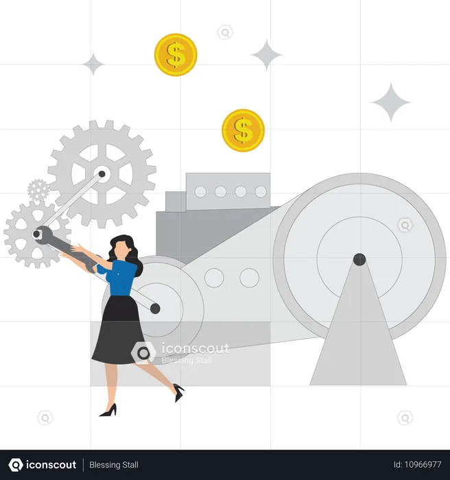 Empresária empreendedora usa chave grande para consertar problemas em engrenagens dentadas  Ilustração
