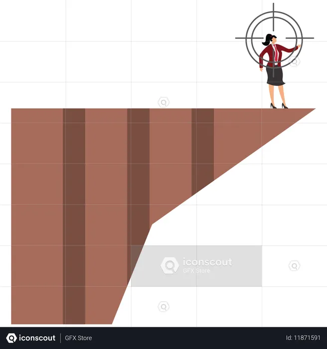 Mujer de negocios de pie en la cima de la montaña mientras tiene un objetivo comercial  Ilustración