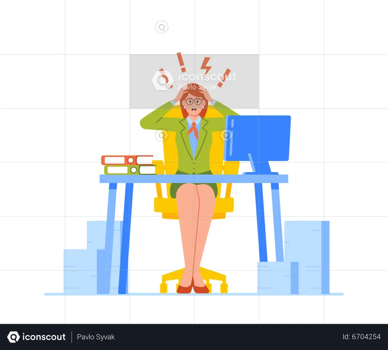 Empresária estressada sentada com flashes e pontos de exclamação na cabeça  Ilustração