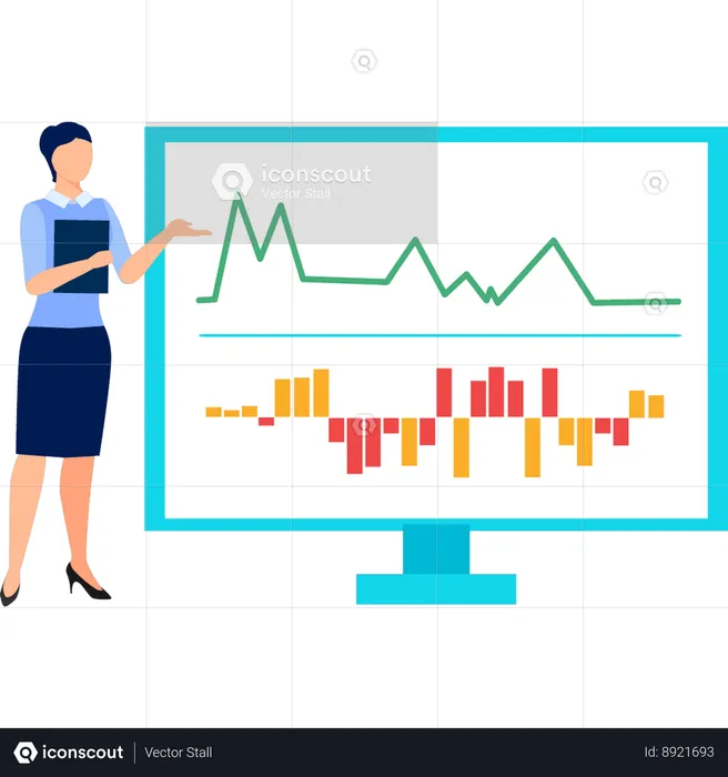 Empresária explicando sobre gráfico de estatísticas  Ilustração