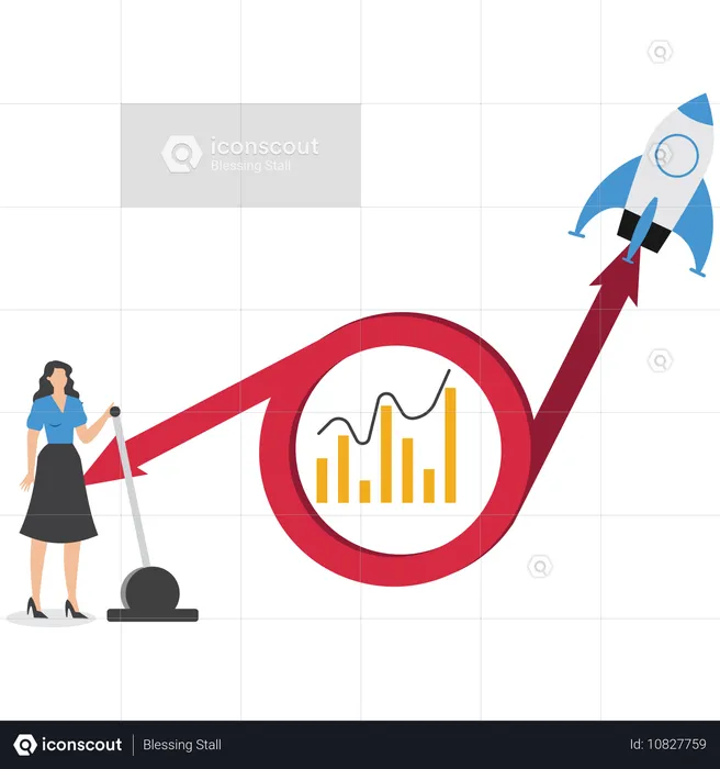 La empresaria lanza un cohete que despega en un gráfico  Ilustración