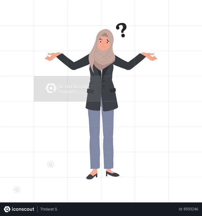 Empresaria musulmana confundida con signo de interrogación  Ilustración