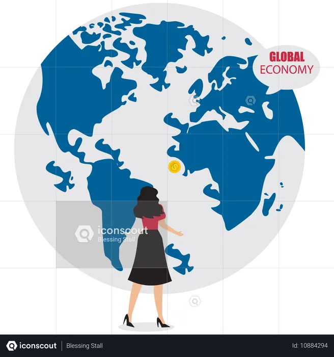 Mujer de negocios pensando en la economía global  Ilustración