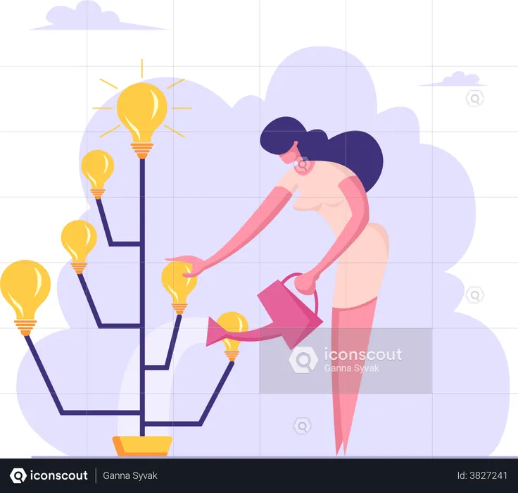 Empresária regando árvore de ideias  Ilustração