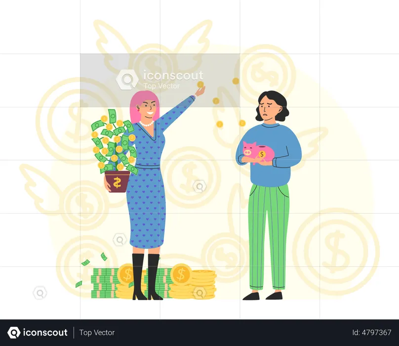 Mujer de negocios rica dando dinero a una niña pobre  Ilustración