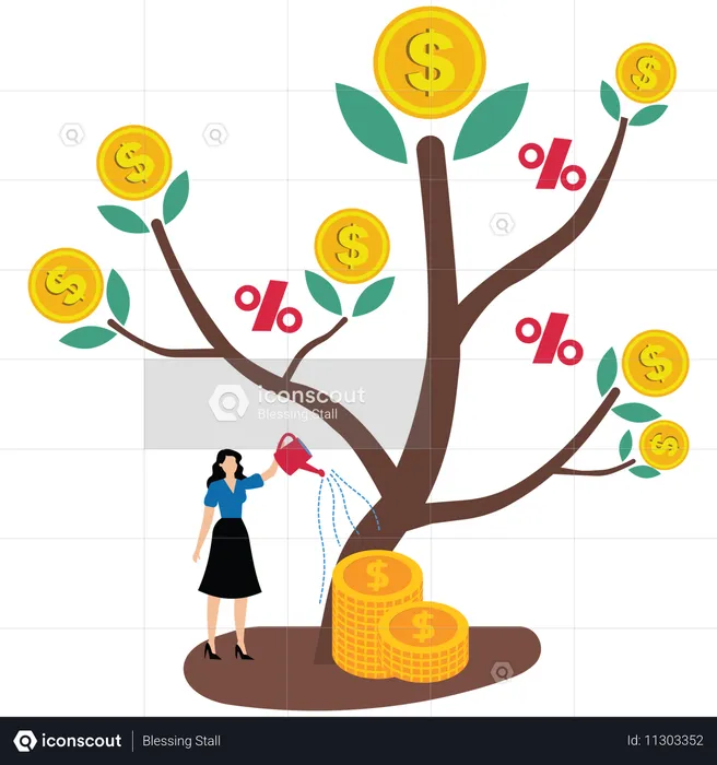 Mujer de negocios regando el crecimiento de plántulas con interés compuesto  Ilustración