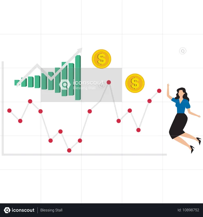 Mujer de negocios saltando de alegría después de mirar el gráfico de crecimiento  Illustration