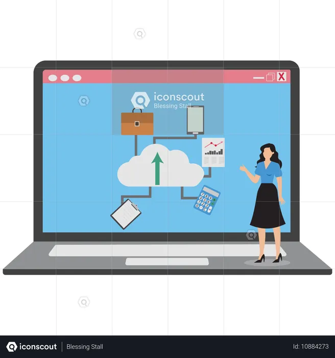 Empresaria cargando datos en la nube  Ilustración
