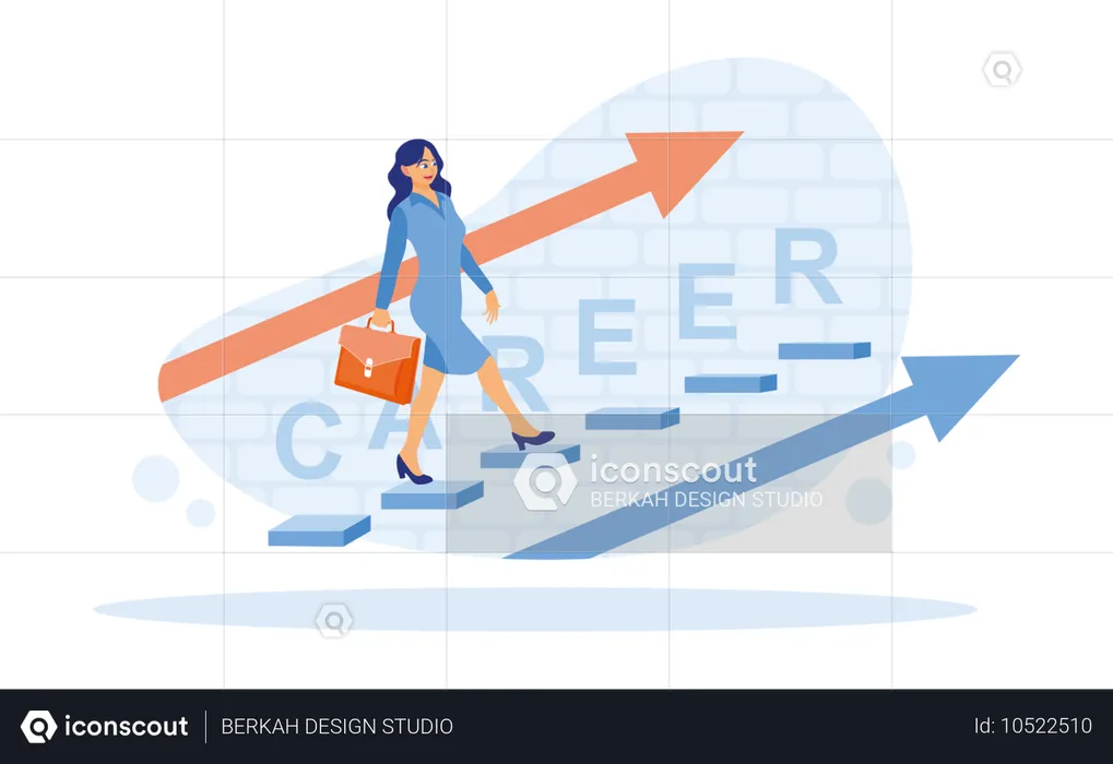 Mujer de negocios subiendo escaleras mientras logra crecimiento profesional  Ilustración