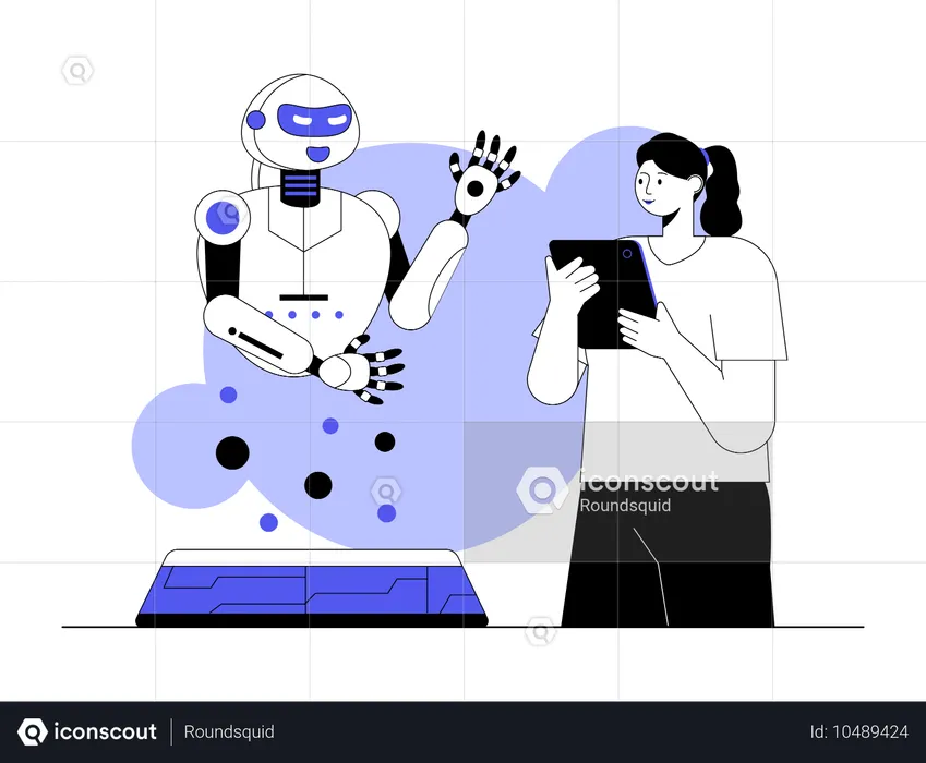 Mujer de negocios recibiendo ayuda de un robot  Ilustración