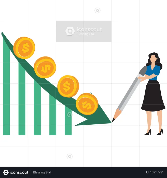 Mulher de negócios trabalhando em gráfico de declínio de negócios  Ilustração