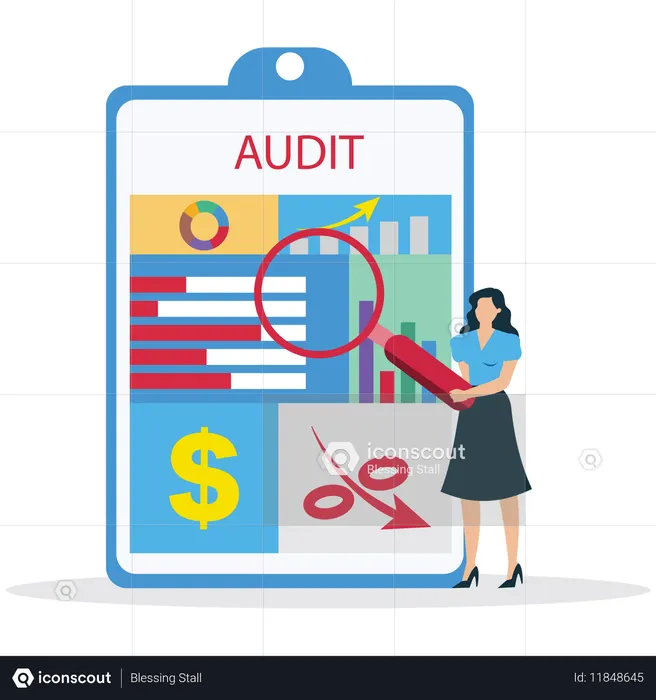 Mujer de negocios viendo una auditoría financiera empresarial  Ilustración