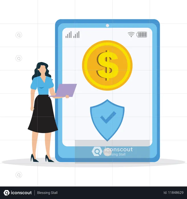 Mulher de negócios visualizando a segurança do banco on-line  Ilustração