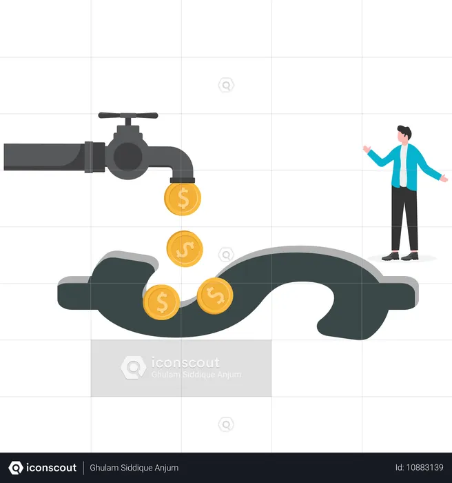 Hombre de negocios abriendo el grifo y llenando el signo de dólar con agua  Ilustración