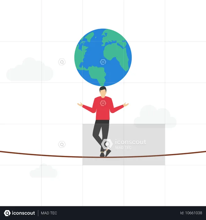 Hombre de negocios acróbata intentando equilibrar el globo terráqueo sobre su cabeza  Ilustración