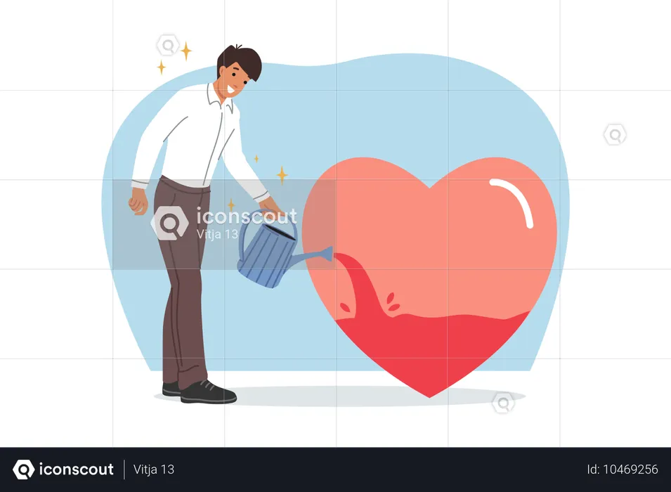 El hombre de negocios acumula motivación llenando de sangre el corazón  Ilustración