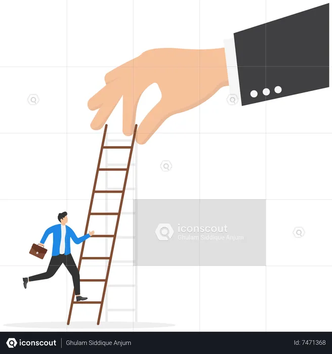 Ambicioso empresario a punto de subir la escalera para superar la mano gigante que lo detiene  Ilustración