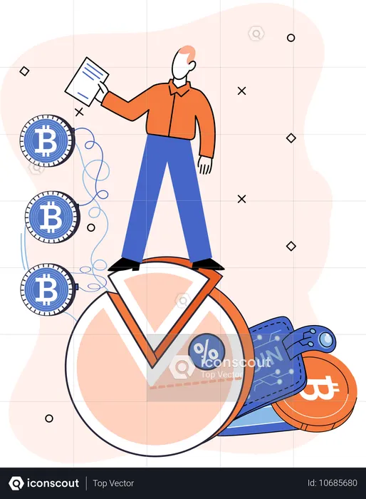 Empresário analisando dados do diagrama de pizza do bitcoin  Ilustração