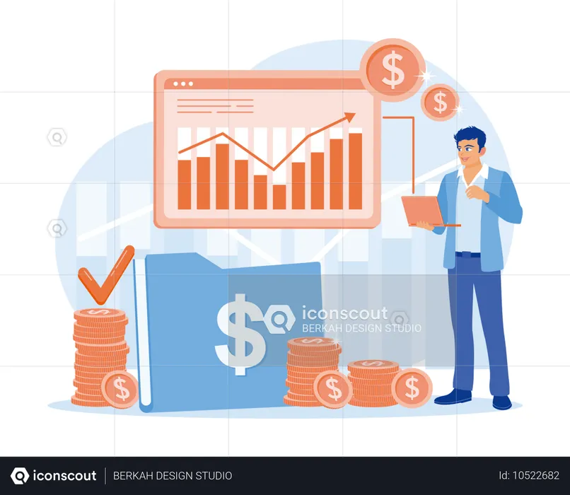 Empresario analizando gráficos de operaciones bursátiles mientras invierte dinero en el mercado de valores  Ilustración