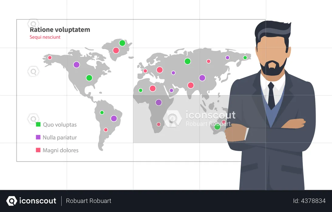 El hombre de negocios analiza el informe comercial global  Ilustración