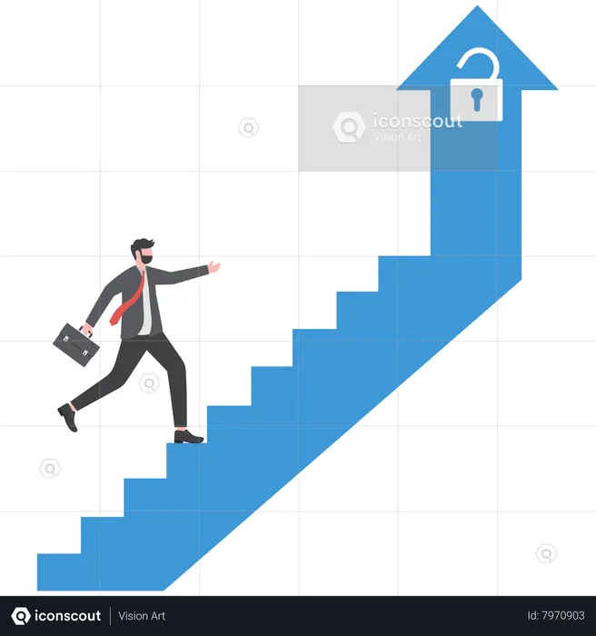 Empresário andando na escada com mentalidade construtiva de seta  Ilustração