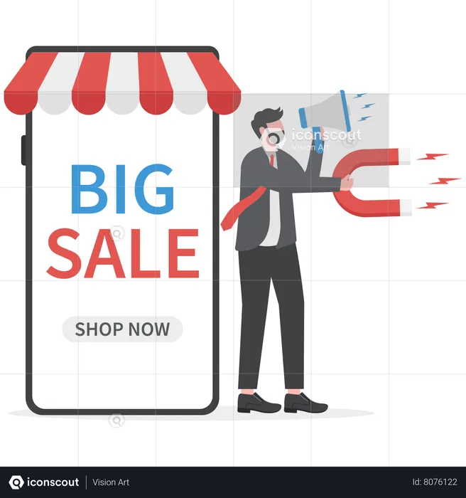 Empresário anunciando venda de compras on-line  Ilustração