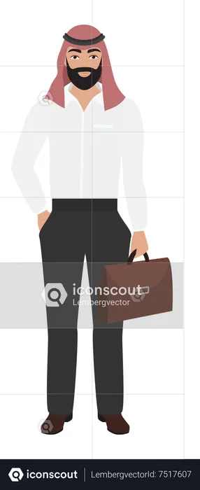 Empresario árabe de pie con bolsa de oficina  Ilustración