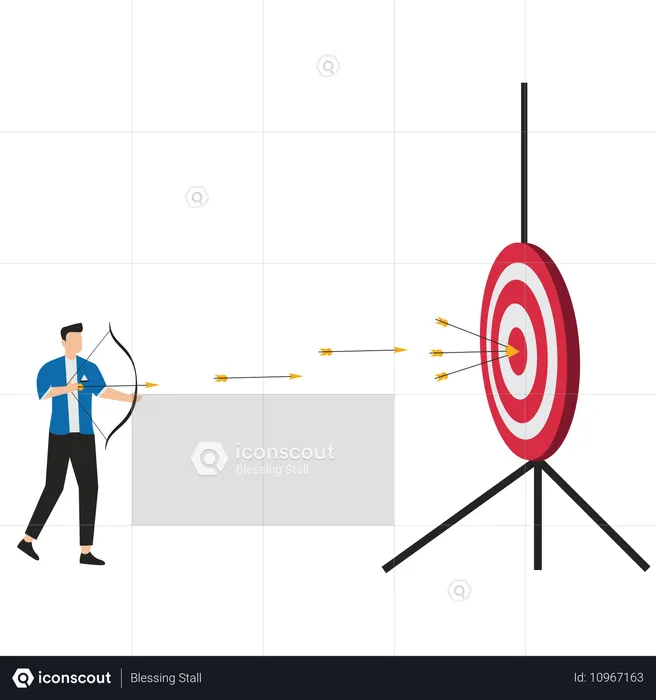 Empresário precisão de tiro com arco com cada tiro acertando o alvo  Ilustração