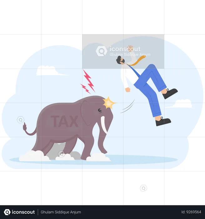 Empresario atacado por un elefante con palabras impuesto  Ilustración