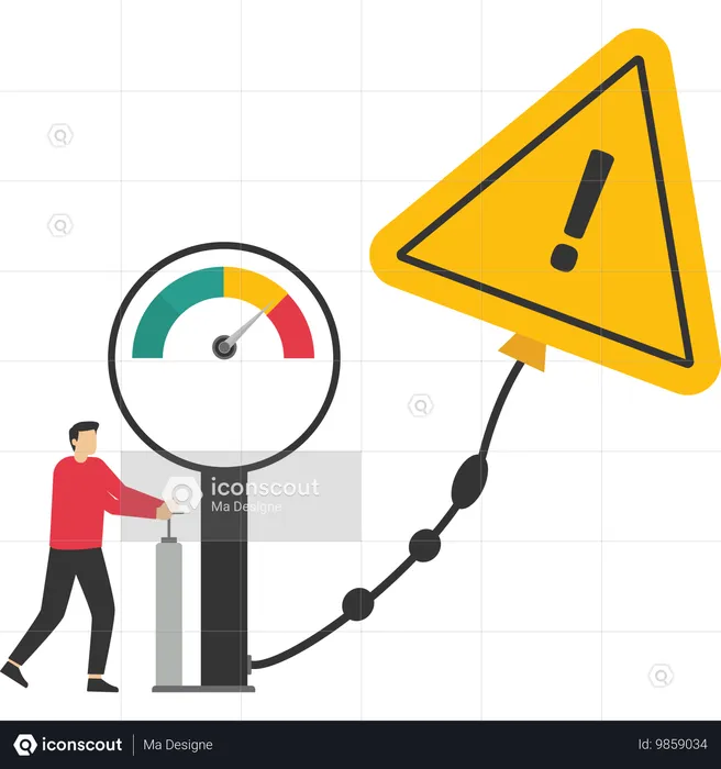 Empresário enche um balão com um ponto de exclamação  Ilustração