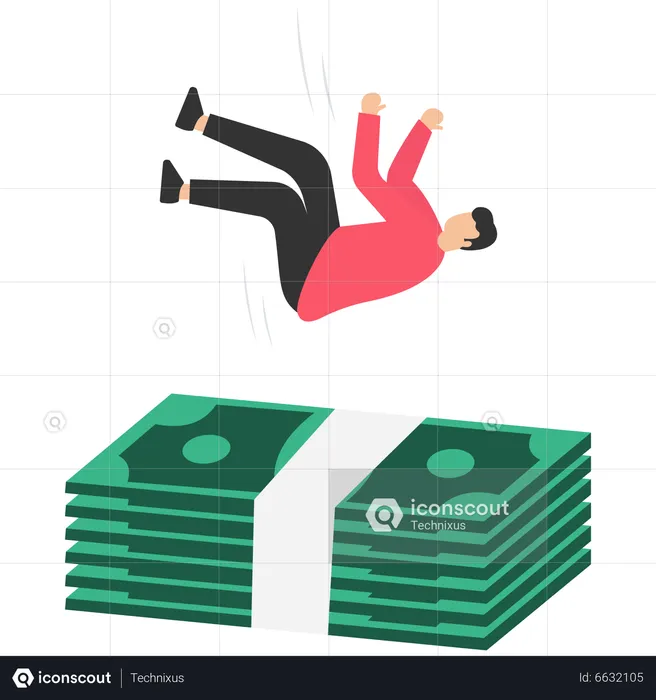 Empresário caindo sobre uma enorme almofada de segurança para notas de dinheiro  Ilustração