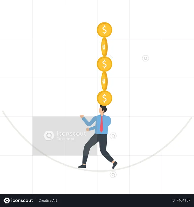 Empresario caminando sobre la cuerda floja con monedas de oro  Ilustración
