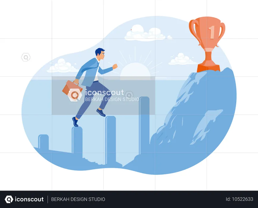 Hombre de negocios caminando sobre un gráfico y alcanzando un trofeo en la cima de una colina  Ilustración