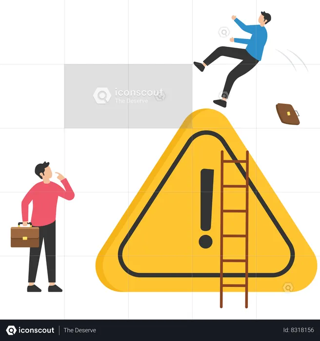 Un hombre de negocios cauteloso resbala cayendo sobre el símbolo de exclamación, tenga cuidado  Ilustración