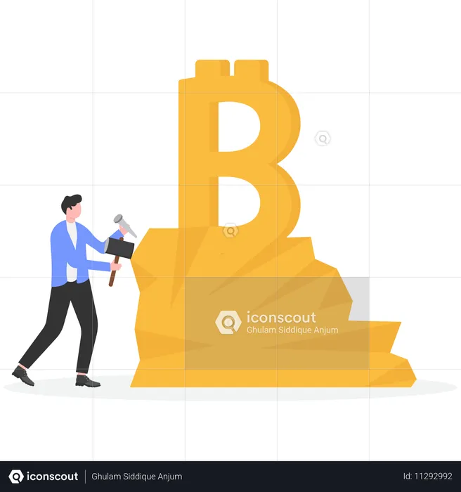 Empresário escava bitcoin em rocha  Ilustração