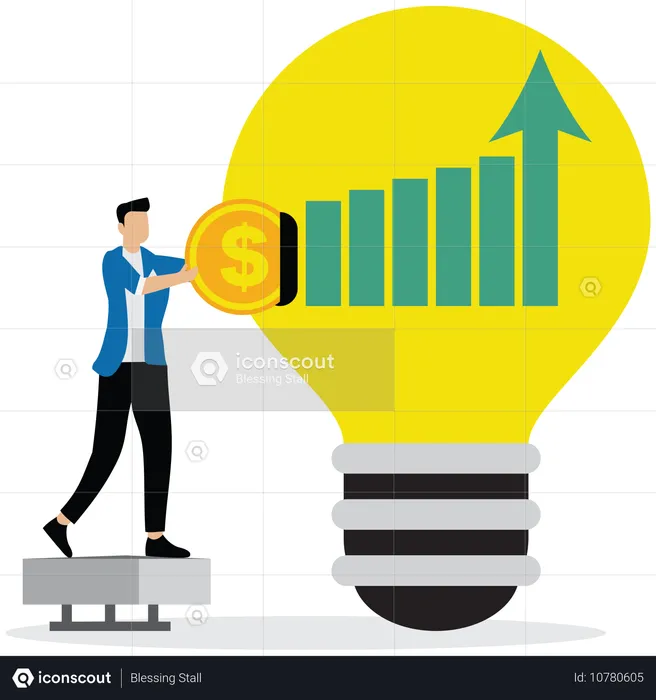 Empresário coloca moeda em lâmpada enquanto voa gráfico para fora  Ilustração