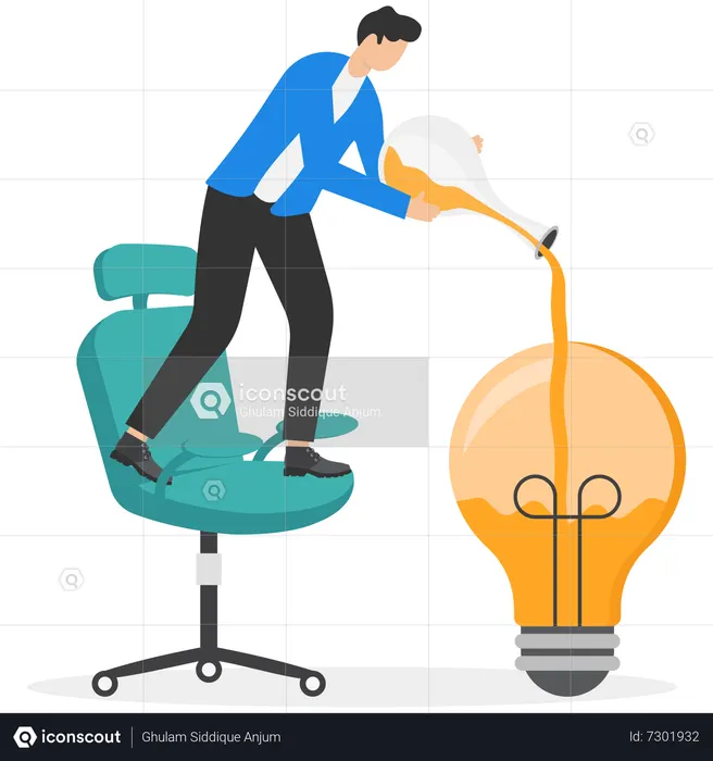 Empresário com balão misturando ideia de lâmpada experimental  Ilustração