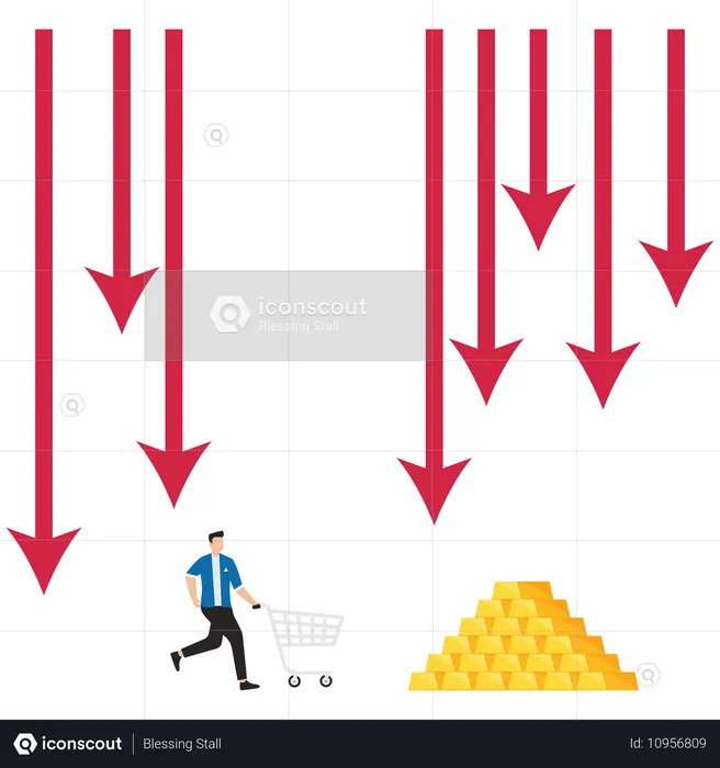 Empresário com carrinho de compras fugindo do ataque do gráfico de tendência de baixa e tentando comprar ouro  Ilustração